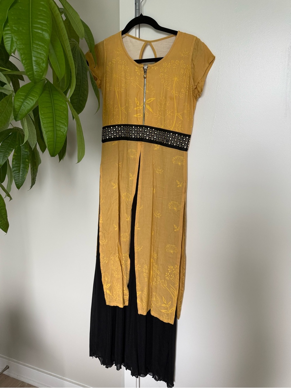 Mustard Yellow High-Low Dress with Embellished Waist